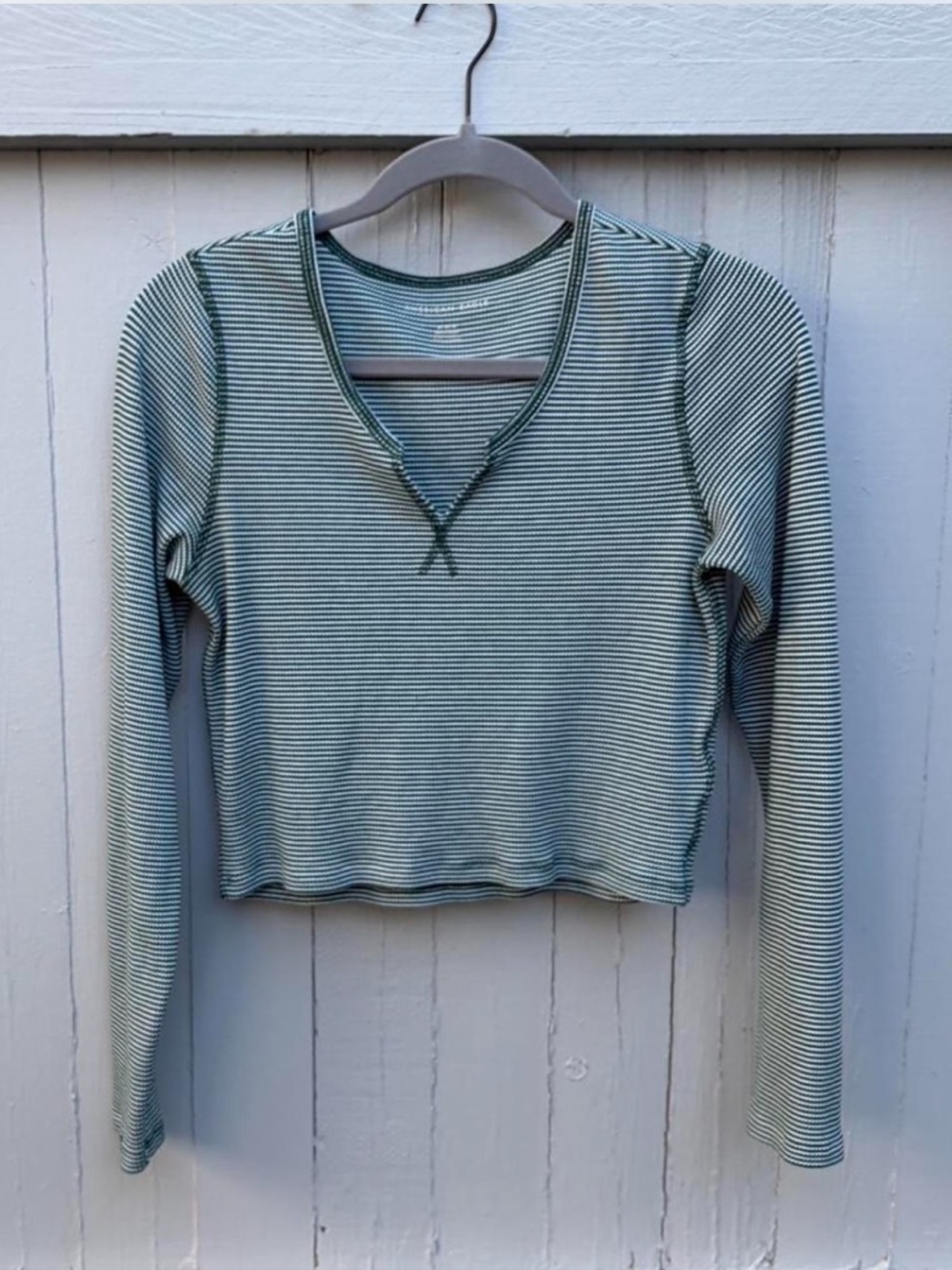 American Eagle Outfitters Striped Long-Sleeve Crop Top - Green & White